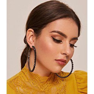 Large Big Black Pierced acrylic Rhinestone Hoop Crystal Pageant Earring chunky